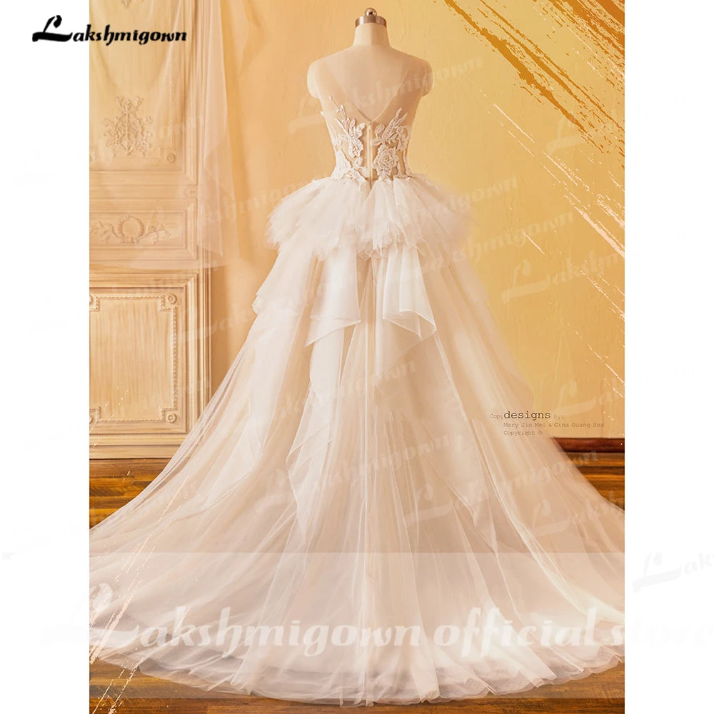 Lakshmigown Luxury Floral Lace Boho Bridal Wedding Dress 2023 Princess Tulle Wedding Gowns Bestidos De Novia V Neck Backless