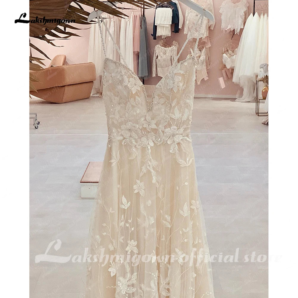 Lakshmigown Spaghetti Straps Lace bohemian Wedding Dress for Women V Neck 2023 Robe Bridal Gowns vestido noiva casamento