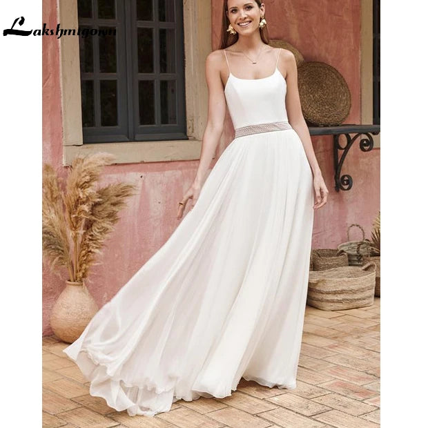 2022 Spaghetti Straps A-line Wedding Dress Backless Wedding Gowns Elegant Bride Dress Simple Wedding Dresses Stain