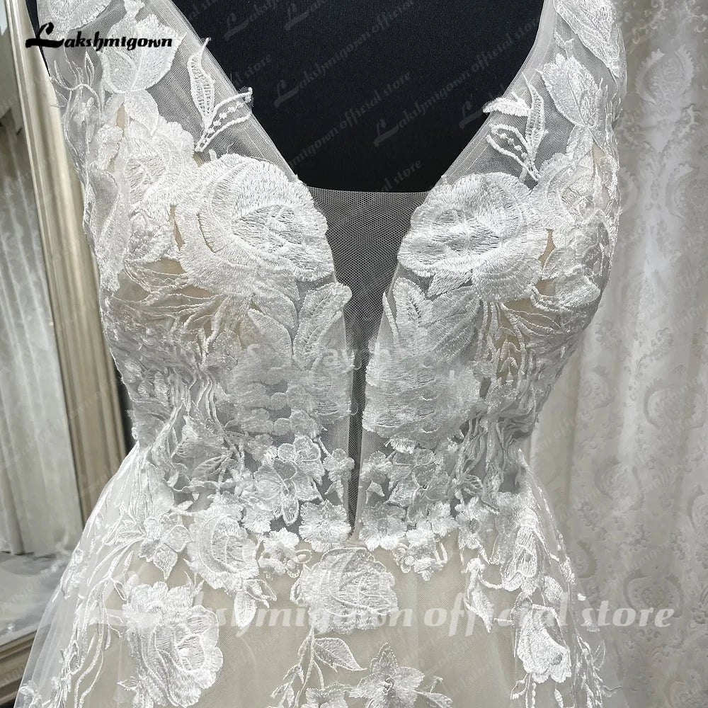 Lakshmigown Flowers Lace V Neck Women Beach Wedding Dress 2023 Vestidos Bridal Champagne Wedding Gowns Applique Real Photos