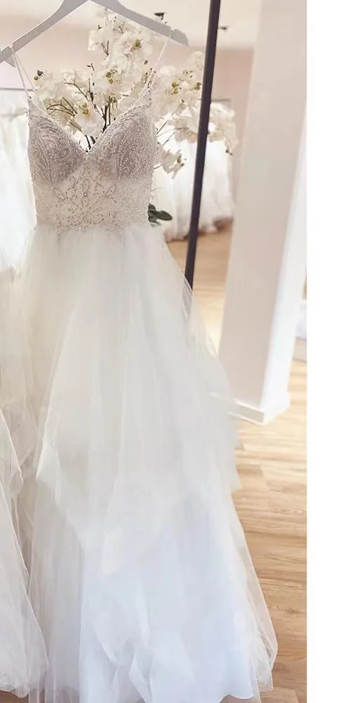 Romantic Ruffled A Line Civil Wedding Dress Beads V Neck Backless Spaghetti Straps Novia Vestido  Bridal Party Robe De Mariée