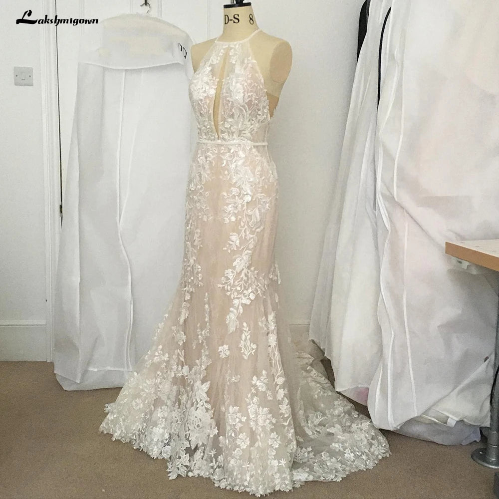 Luxury Mermaid/Trumpet Wedding Dress Sleeveless Halter Neck Lace Appliques Open Back Robe Mariee 2023 Sexy Bridal Wedding Gowns