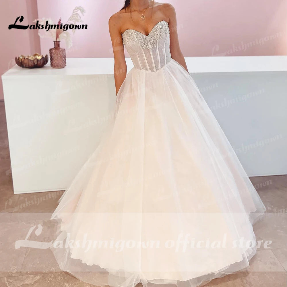 Lakshmigown Lace Tulle A-Line Wedding Dresses 2022 Beads Floor-Length Sweetheart Sleeveless Bridal Gowns Custom Made