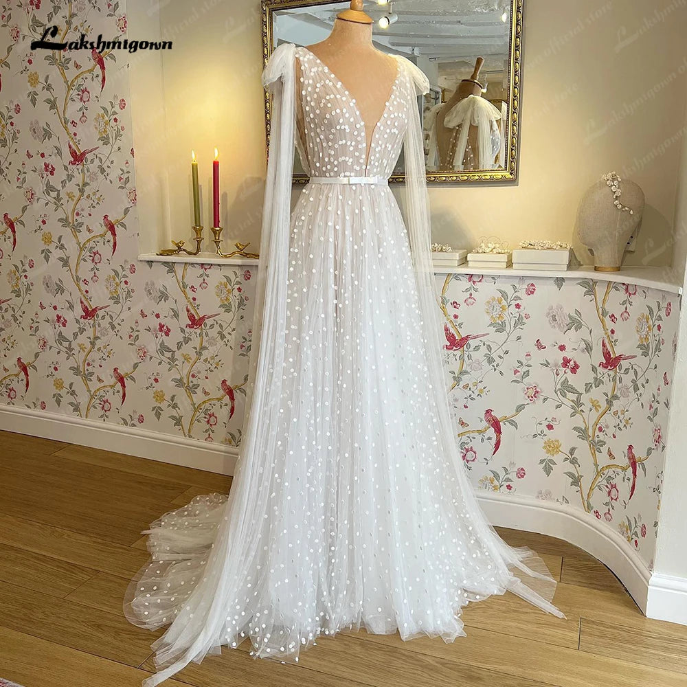 Lakshmigown A Line Wedding Dress With Cape Deep V Neck Tank Bridal Reception Gown vestido de noiva princesa