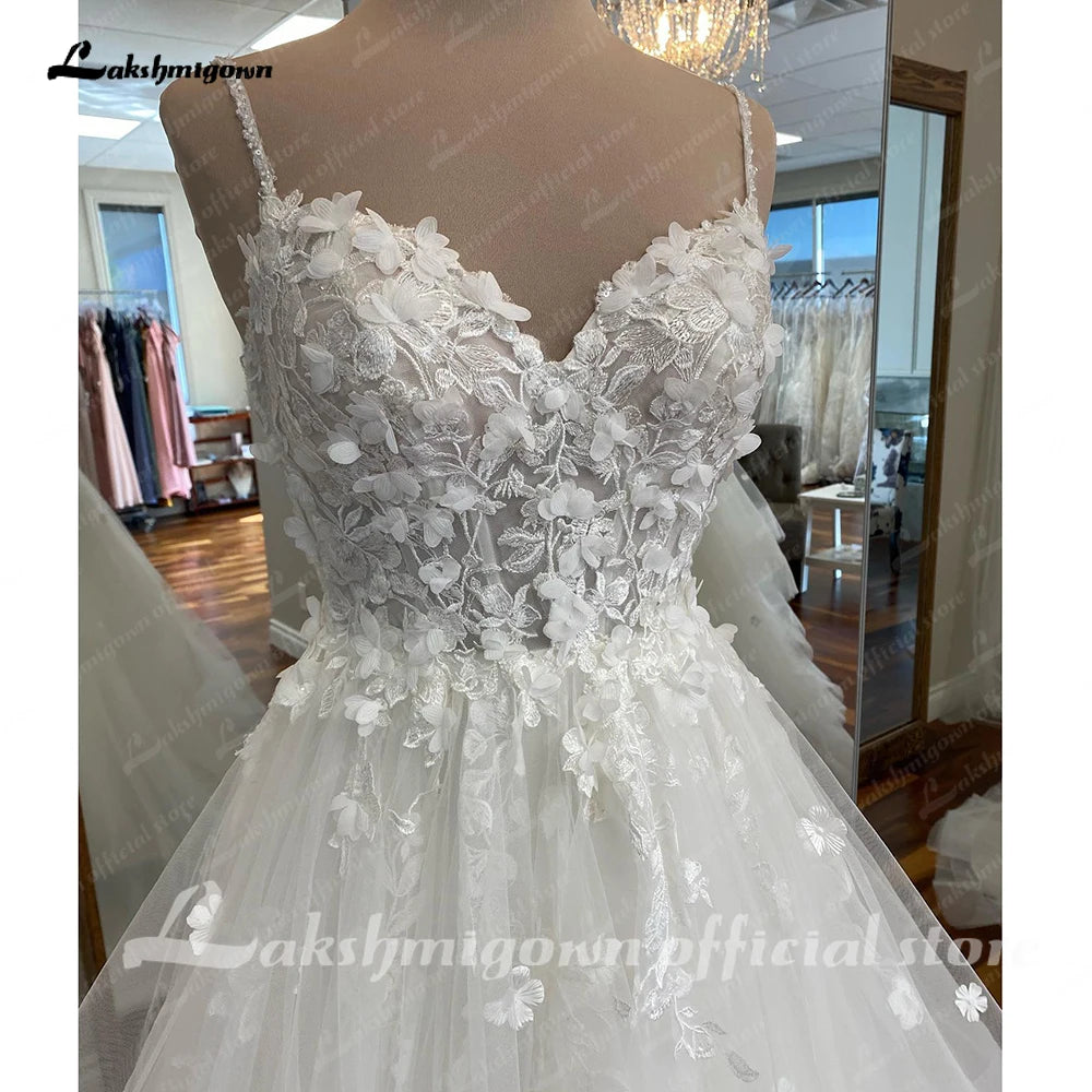 Lakshmigown Spaghetti Straps Ruffles Wedding Gown 2023 Robe Mariage Sexy Bridal Lace 3D Flowers A Line Wedding Dresses