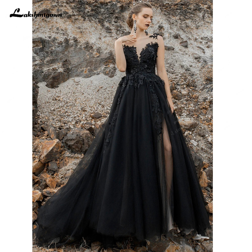 Black Gothic Wedding Dresses High Split Backless Lace Appliques Sexy Bridal Gowns Sheer Neck Tulle Bridal Dress Trouwjurk