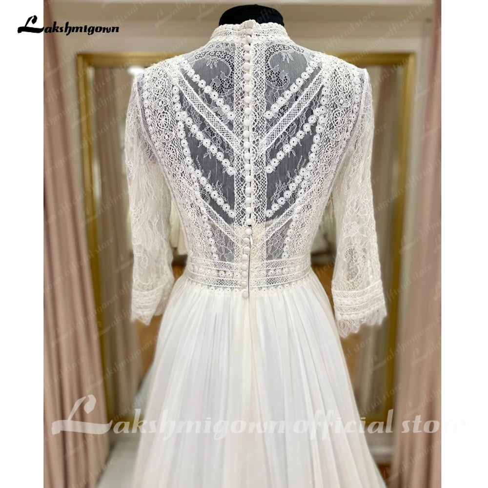 Lakshmigown Long Sleeves Lace Bodices Wedding Dresses 2023 For Women High Neck A-Line Illusion Backless Vestidos De Novia