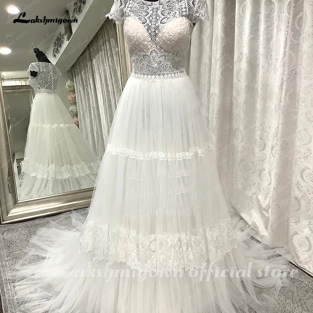 Lakshmigown Short Sleeve Lace Boho A Line Wedding Dress Sccop Neck 2023 Robe Mariage Boheme Bridal Gowns robe de soirée femme