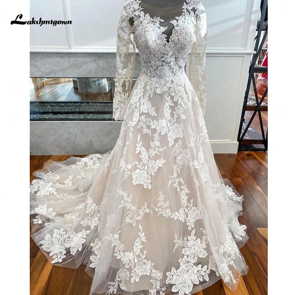 Gorgeous Long Sleeves Full Lace Wedding Dress Modern A-line  Applqiues Bridal Gown Elegant Long Tulle Bride Dresses