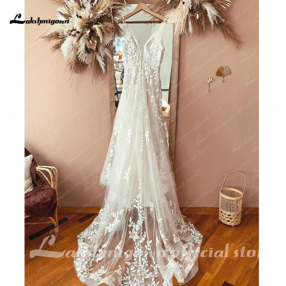 Lakshmigown V Neck Boho A Line Wedding Dress Appliques Open Back 2023 Luxury Robe Bridal Vestidos De Noite Wedding Gowns for Wom