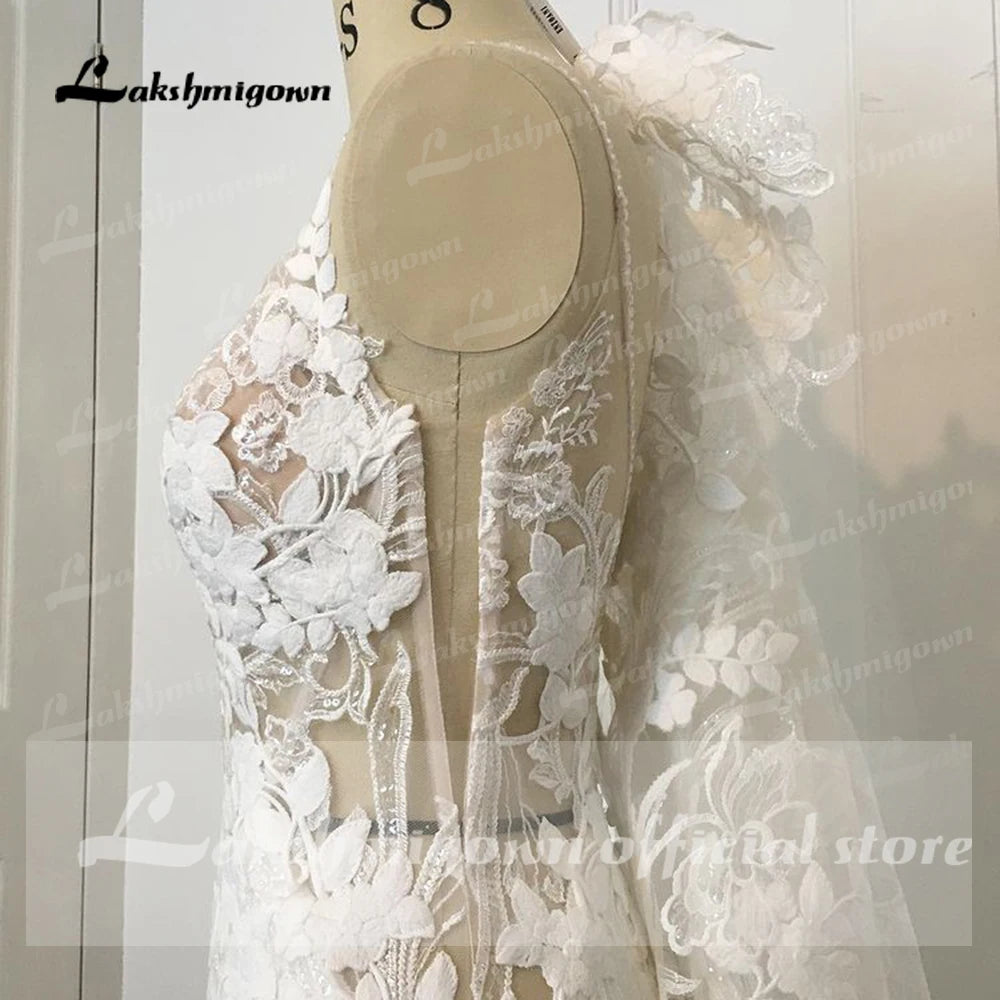 Lakshmigown Boho Lace Mermaid Wedding Dresses 2023 Sheer Lace Applique Floor Length Bridal Gowns Soft Satin Bride Robes Vestidos