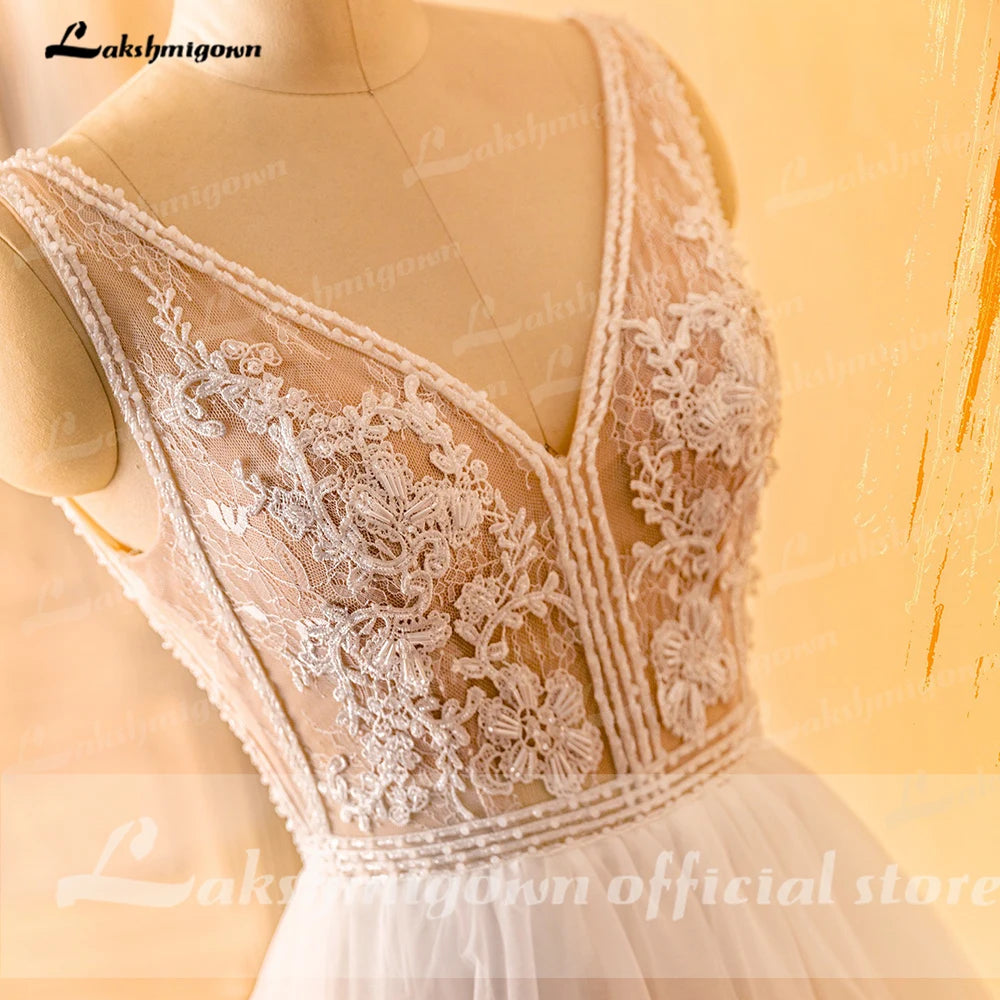 Lakshmigown V Neck A Line Boho Wedding Dress for Women Summer Beach 2023 Elegant Bridal Gown Lace Appliques Beads Robe Femme