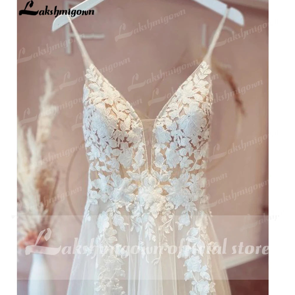 Lakshmigown A-Line Tulle Champagne Summer Wedding Dress Boho for Beach Appliques Backless Sexy Bride Dresses for Women