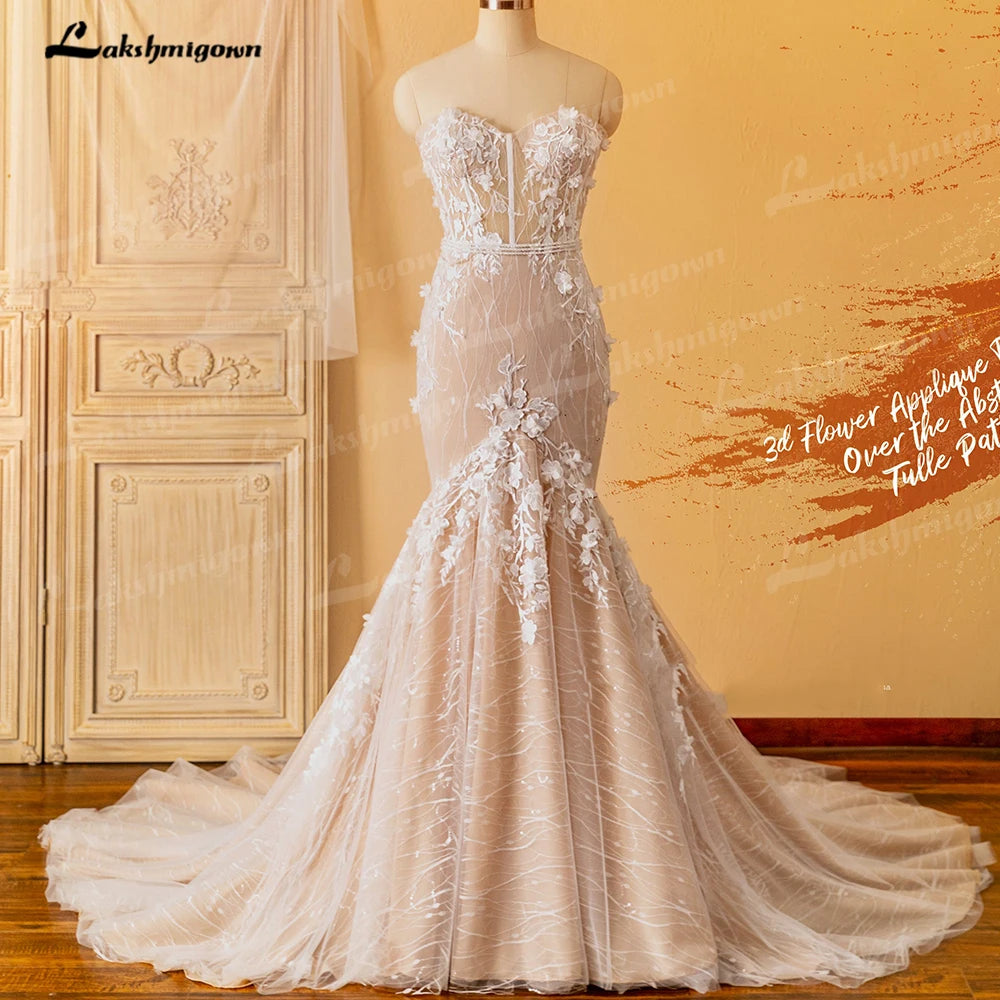 Lakshmigown Luxury Mermaid Dress Bridal Wedding Gowns Lace Up Back Robe Mariage Civil Boho Women Wedding Dresses Lace Beading