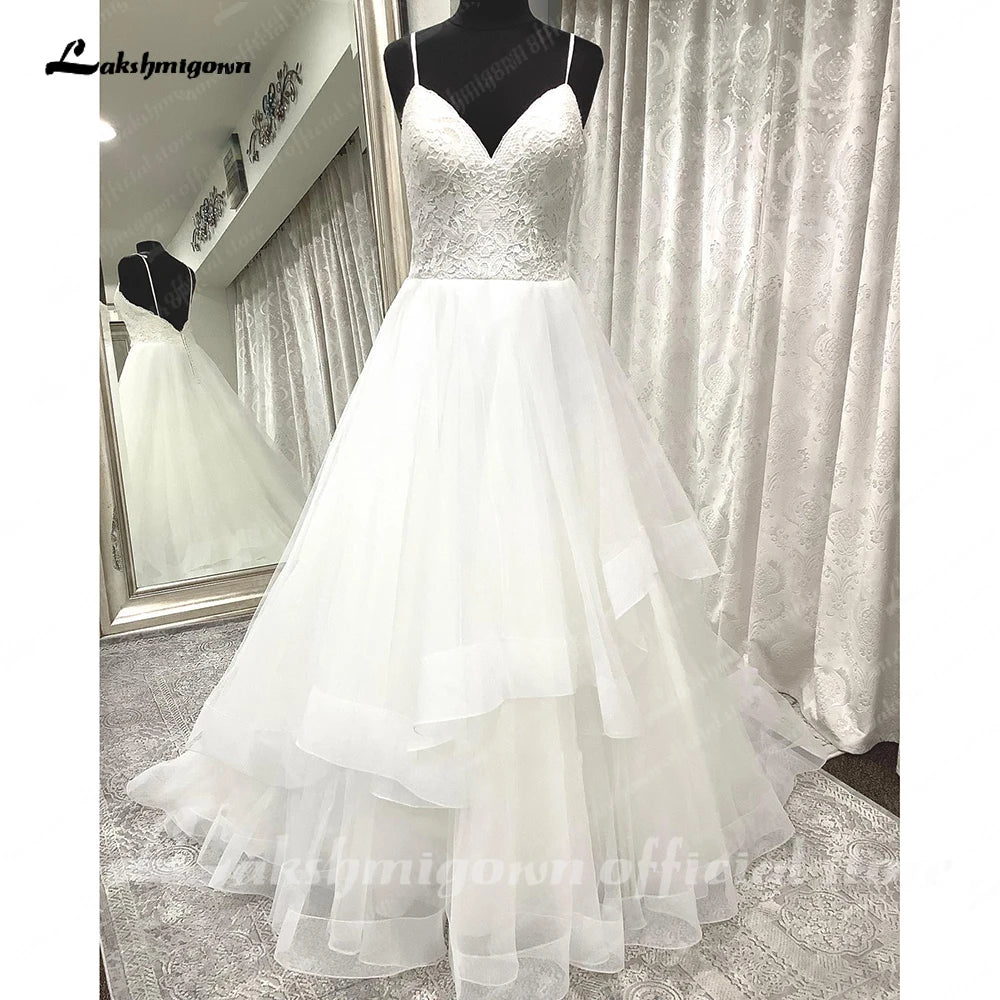 Lakshmigown Plus Size Lace Beach Wedding Dress Boho V Neck Spaghetti Straps Tulle Ruched Open Back 2023 Wedding Gowns Brida
