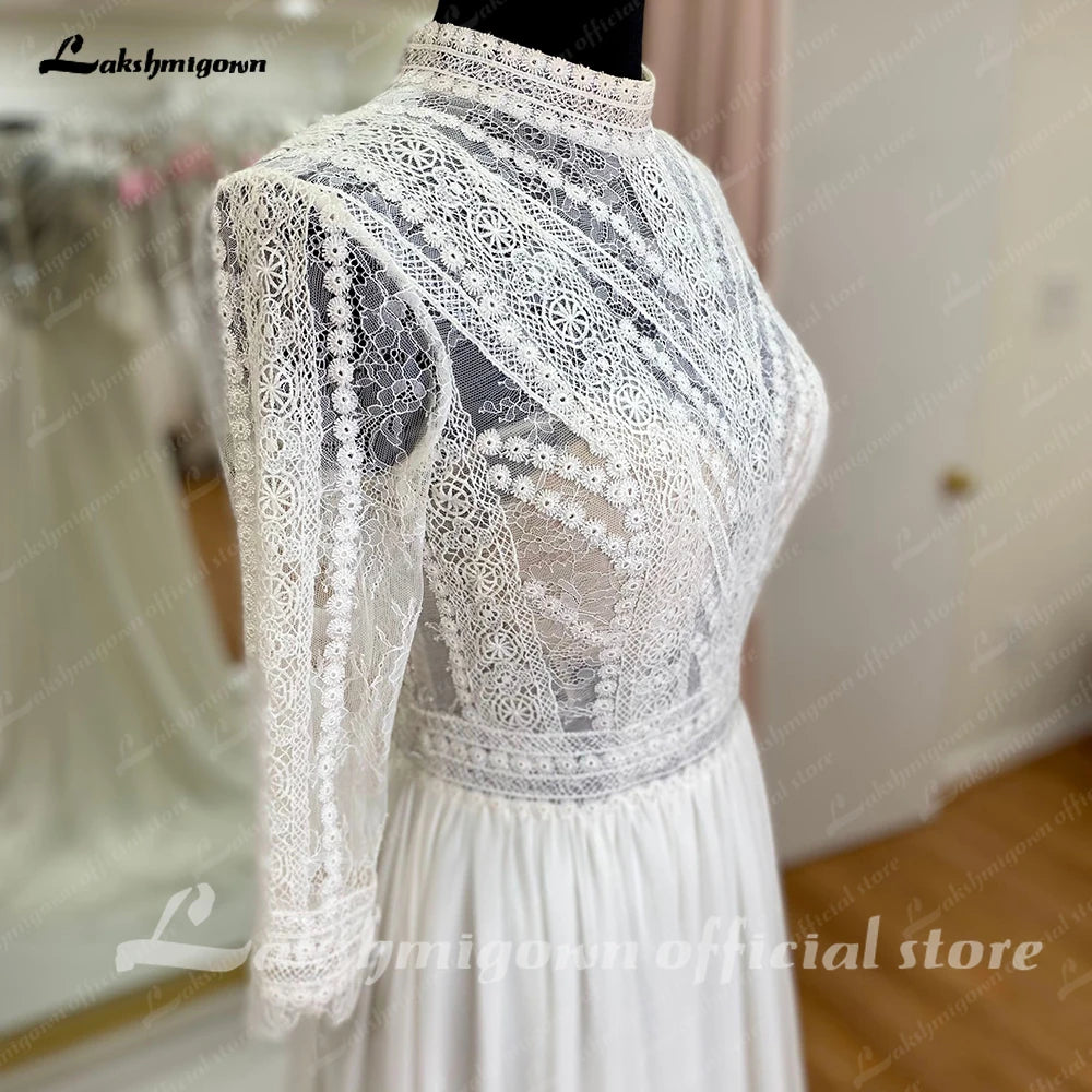 Lakshmigown Long Sleeves Lace Bodices Wedding Dresses 2023 For Women High Neck A-Line Illusion Backless Vestidos De Novia