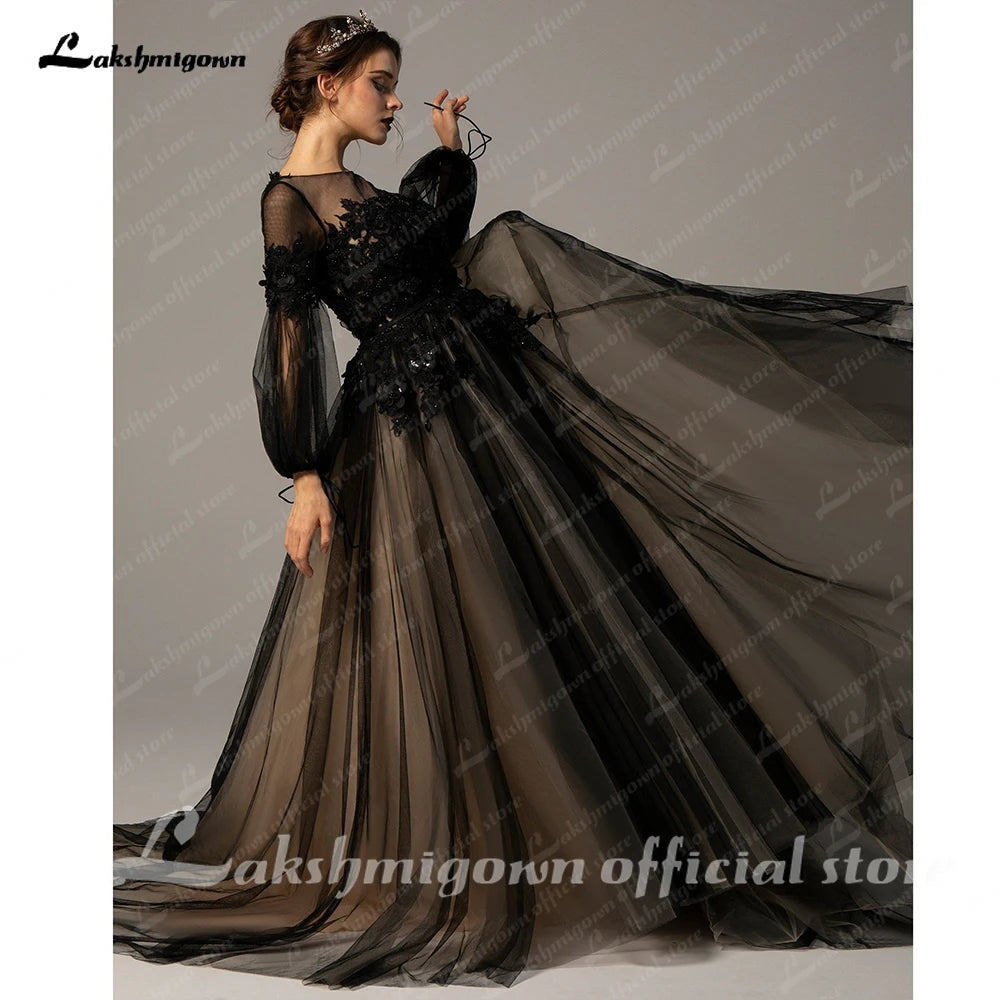 Black Wedding Dresses Off the Shoulder Long Puffy Sleeves Tulle Victorian Gothic Lace Up Bridal Gowns vestidos Vestidos De Gala