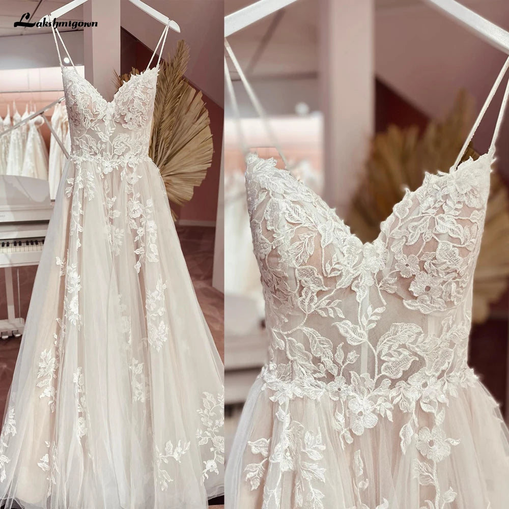 Lakshmigown Vintage Champagne Tulle Wedding Dress 2023 A-Line Lace Appliques V Neck Backless Bridal Gown abito da sposa