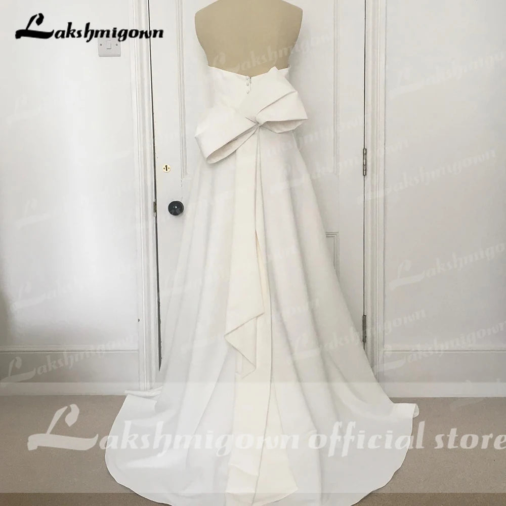 Chic Boho Wedding Dress with Back Bows Backless V Neck Sweep Spaghetti Straps Satin Bridal Gown Robe de mariee Lakshmigown