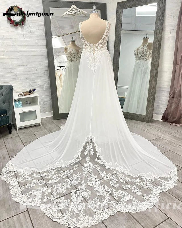 Lakshmigown Chiffon V-neck Neckline A-line Plus Size Wedding Dress Lace Appliques  Boho Beach Bridal Gowns robes de soirée