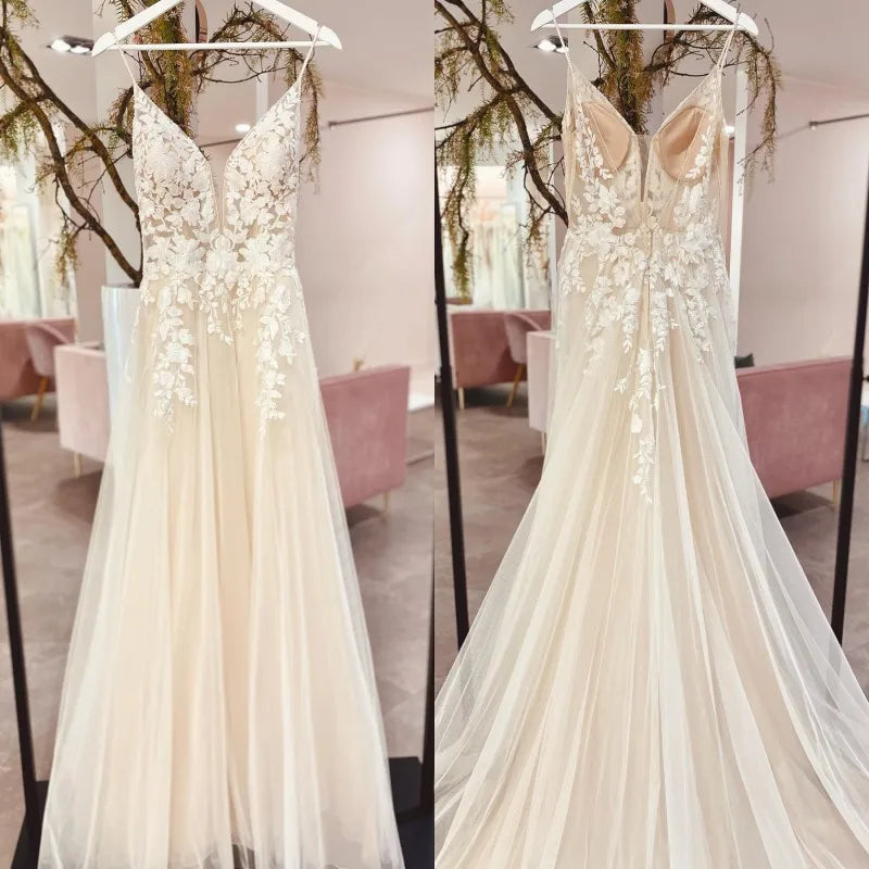 Lakshmigown A-Line Tulle Champagne Summer Wedding Dress Boho for Beach Appliques Backless Sexy Bride Dresses for Women