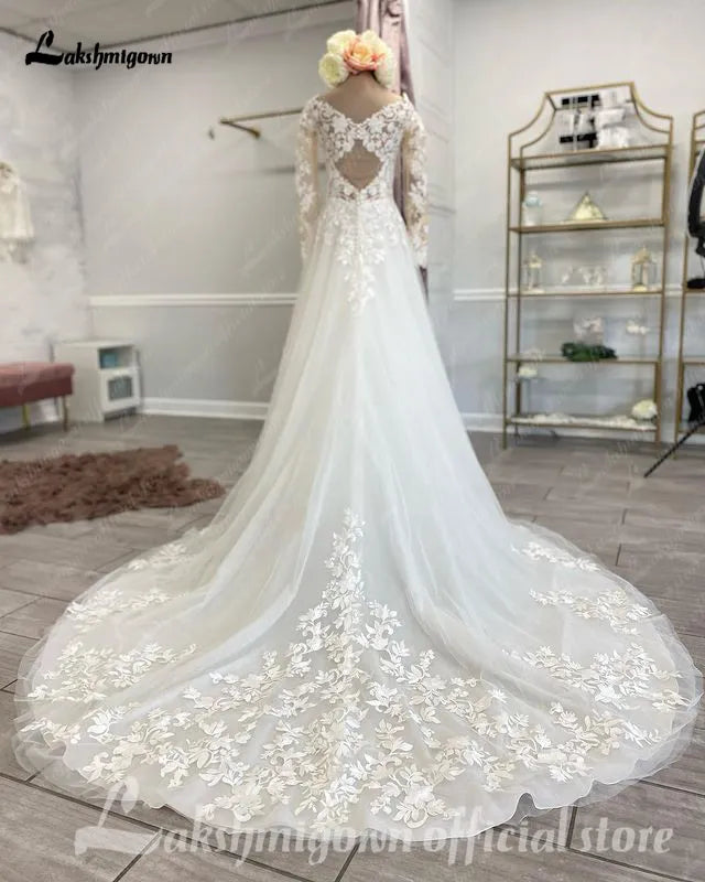 Lakshmigown Plus Size Long Sleeves Wedding Dresses For Women Sexy V Neck A Line Bridal Dress Vestido De Novia vestido feminino