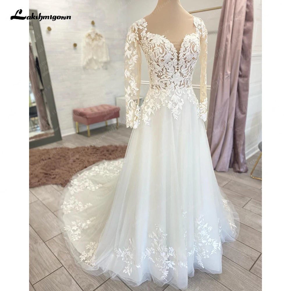 Lakshmigown Plus Size Long Sleeves Wedding Dresses For Women Sexy V Neck A Line Bridal Dress Vestido De Novia vestido feminino