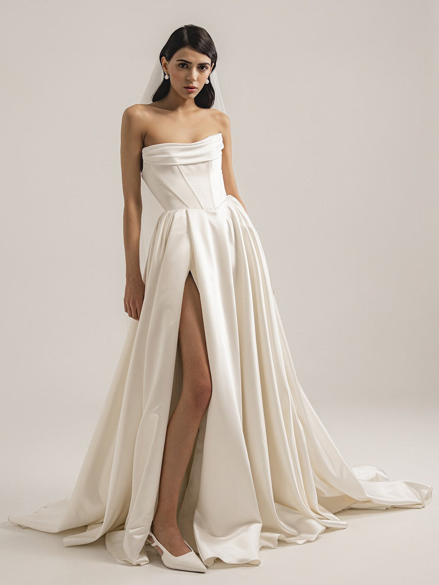 A-Line Strapless Sleek Satin High Slit Wedding Dress with Train