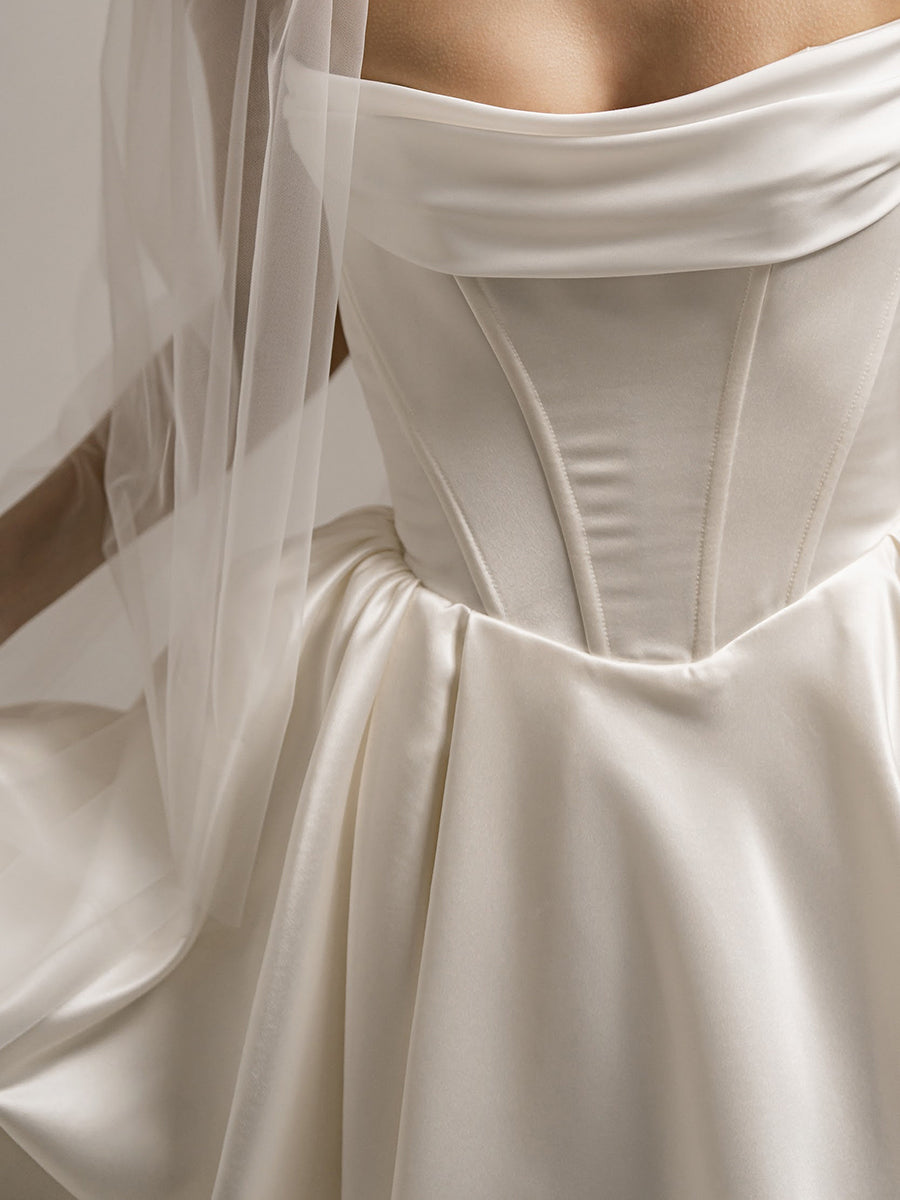 A-Line Strapless Sleek Satin High Slit Wedding Dress with Train