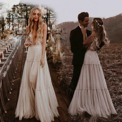 Boho Hippie Wedding Dress V Neck Country Tulle Beach Wedding Party Gowns