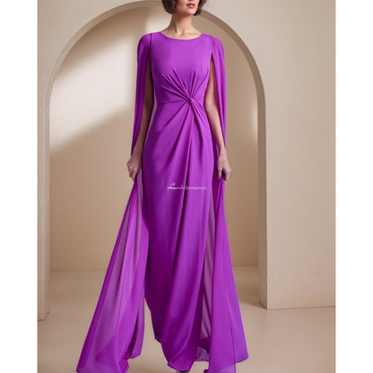 Purple Long Mermaid Chiffon Prom Dresses with Cape
