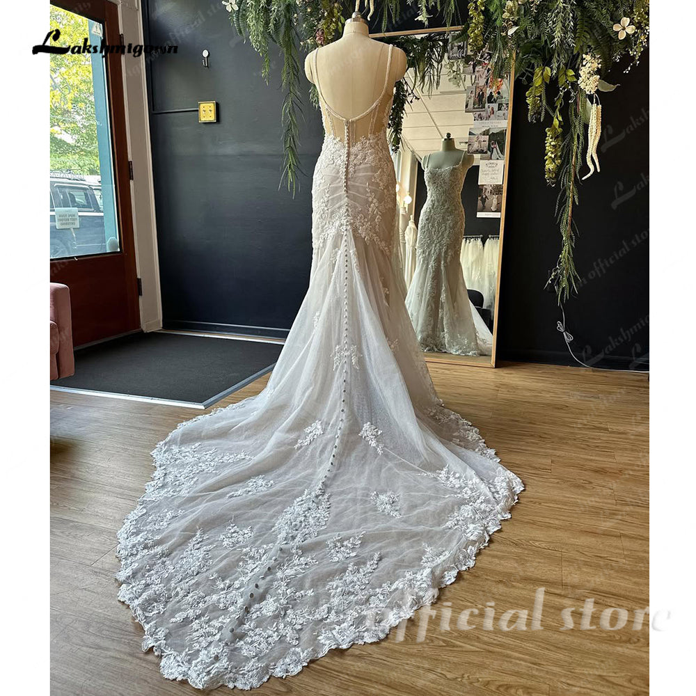 Luxury Beads Lace Mermaid Wedding Dress Square Neck Boho Beach Bridal Gown