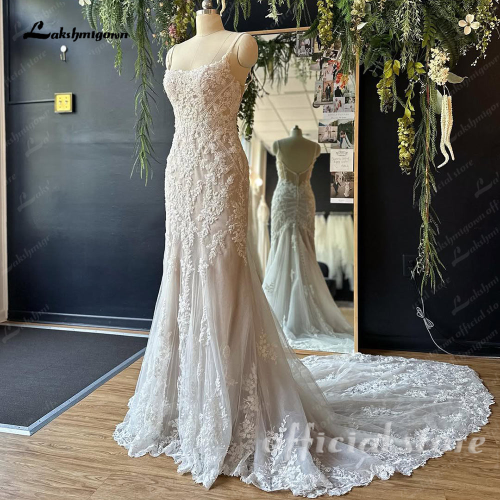 Luxury Beads Lace Mermaid Wedding Dress Square Neck Boho Beach Bridal Gown