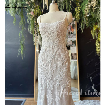 Luxury Beads Lace Mermaid Wedding Dress Square Neck Boho Beach Bridal Gown