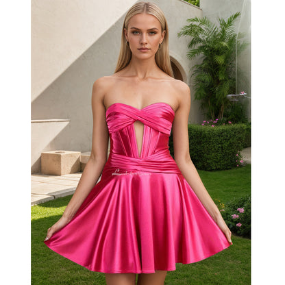 A-line Strapless Fuchsia Pleated Homecoming Dress with Keyhole HCM0112