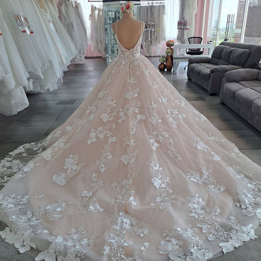 V Neck Lace Appliques Wedding Dresses Champagne Bridal Gowns