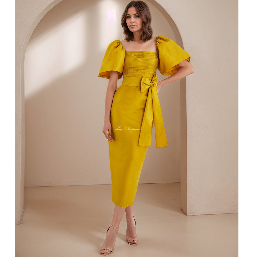 Gold Satin Tea Length Prom Dress with Puffy Sleeves
