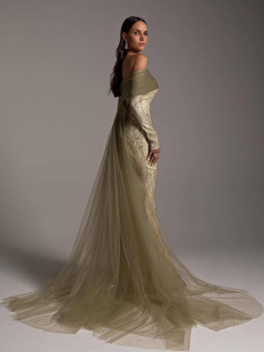 Off Shoulder Long Sleeves Lace Tulle Party Evening Prom Dress with Train