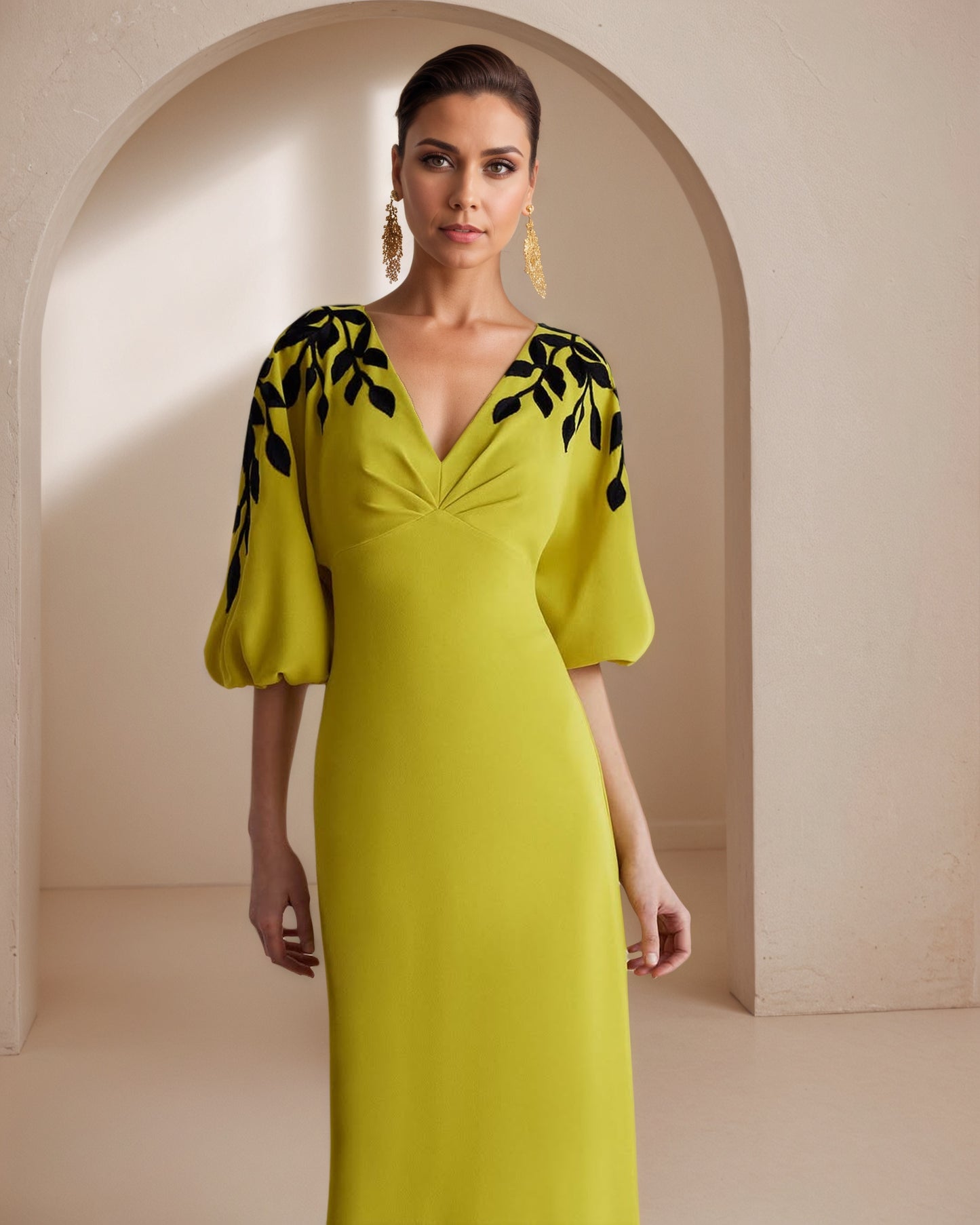 Green Long Prom Dress With Puffy Sleeves