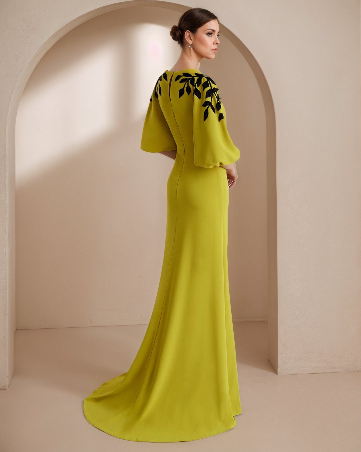 Green Long Prom Dress With Puffy Sleeves