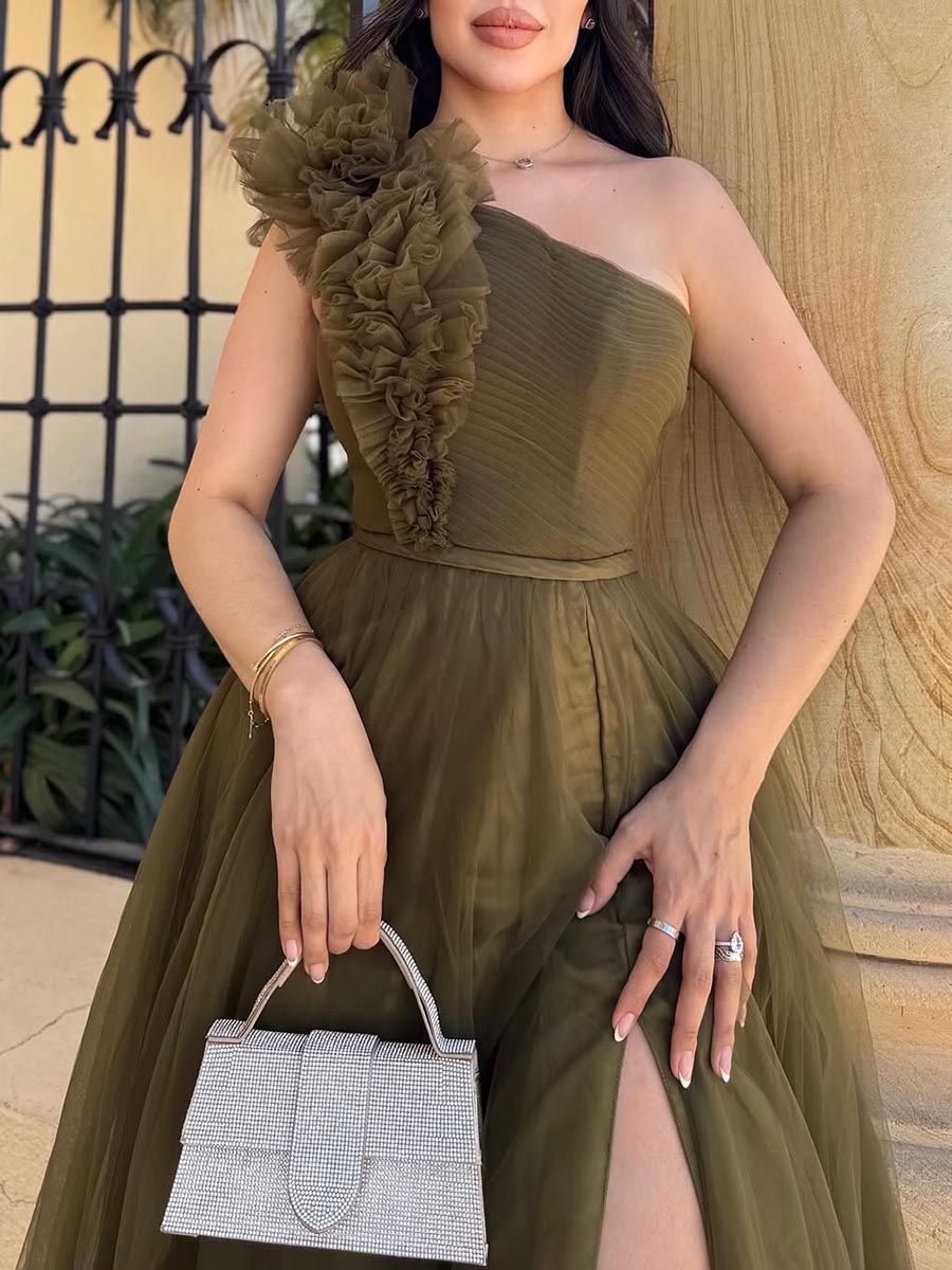 A-Line One Shoulder Floral Tulle High Slit Party Evening Prom Dress