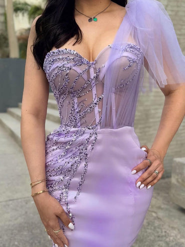 One Shoulder Sweetheart Tulle Beaded Sequins Party Evening Prom Dress with Train