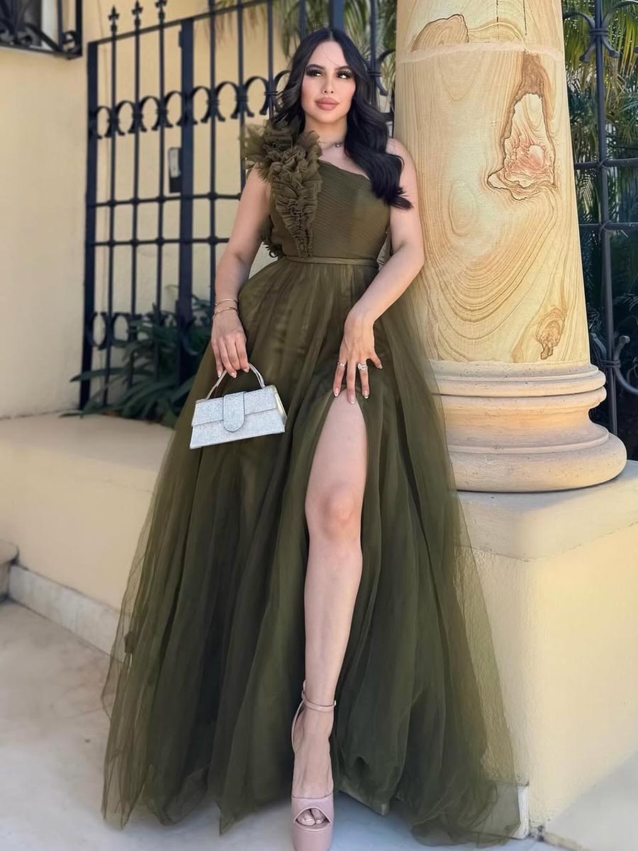 A-Line One Shoulder Floral Tulle High Slit Party Evening Prom Dress