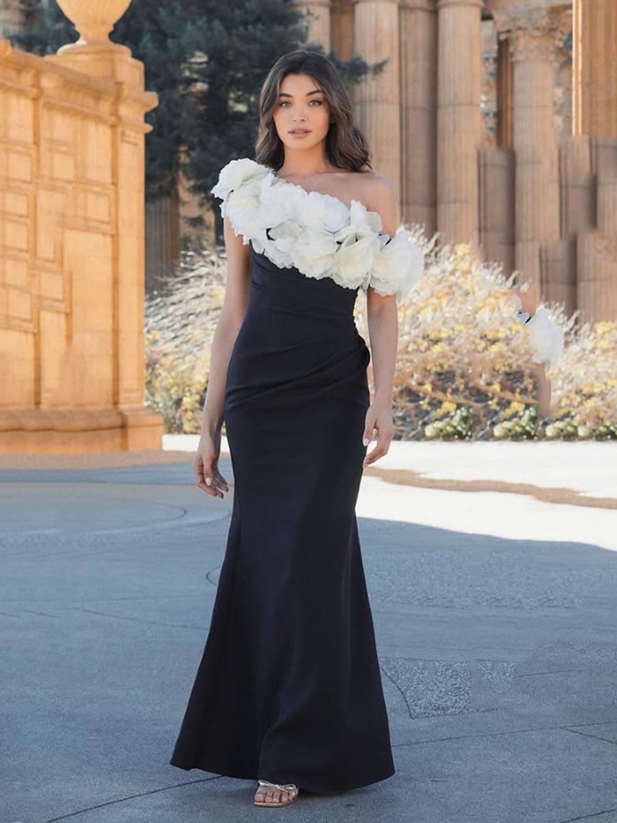 One Shoulder 3D Flower Sleek Satin Mermaid Party Evening Prom Dress