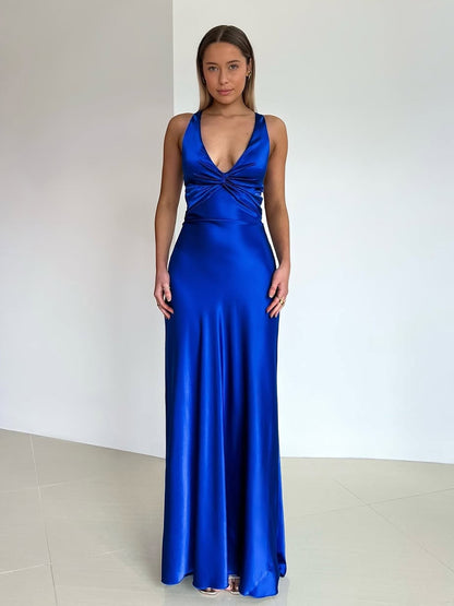 Deep V-Neck Sleeveless Sleek Satin Party Evening Prom Dress