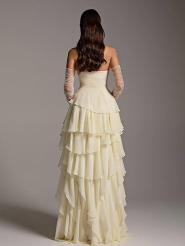 A-Line Strapless Tiered Chiffon Party Evening Prom Dress