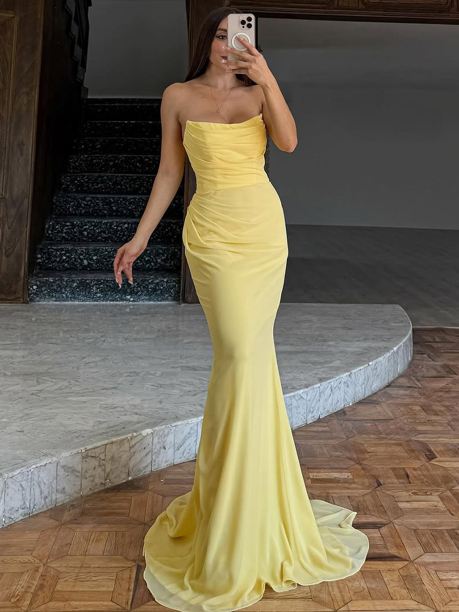 Strapless Draped Sleek Satin Mermaid Party Evening Prom Dress with Train