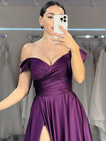 A-Line V-Neck Off Shoulder High Slit Party Evening Prom Dress with Train
