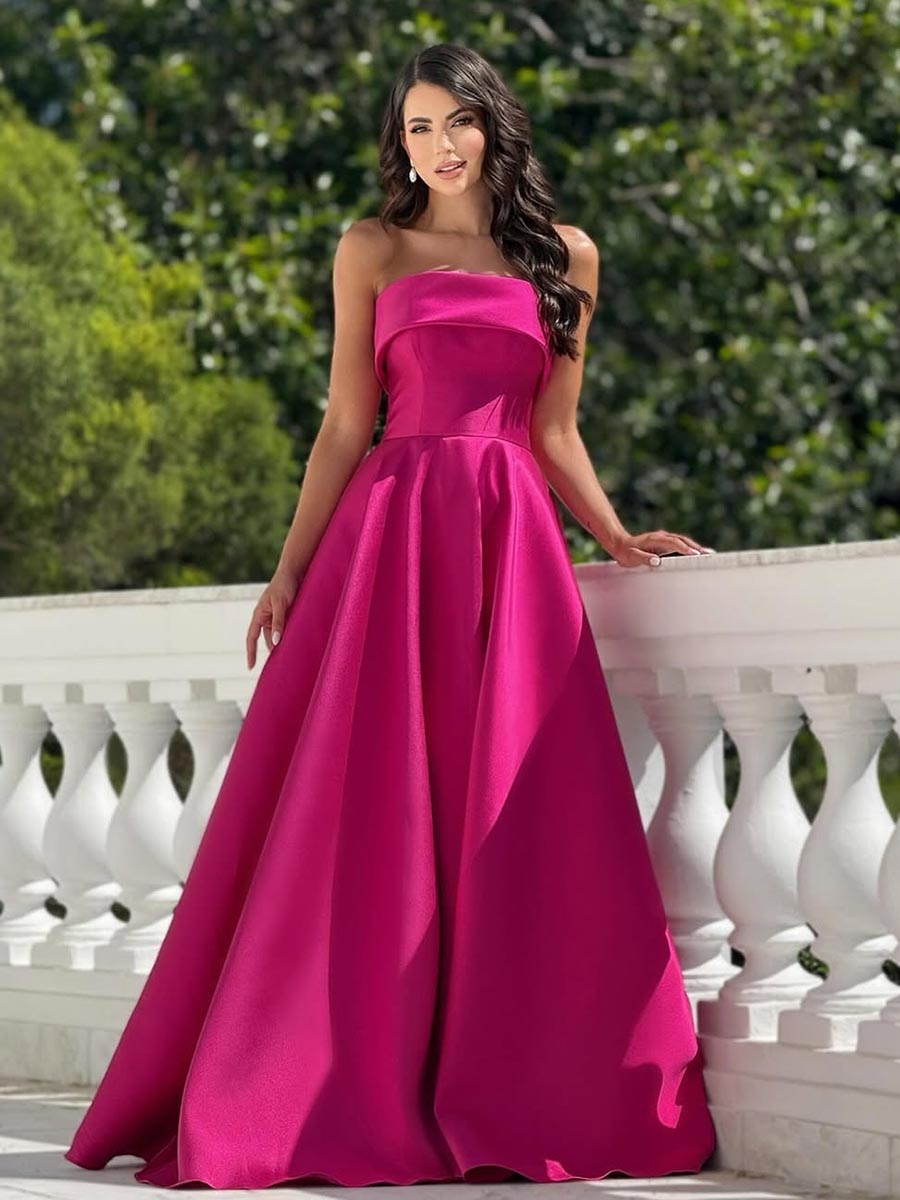 A-Line Strapless Sleek Satin Party Evening Prom Dress with Train