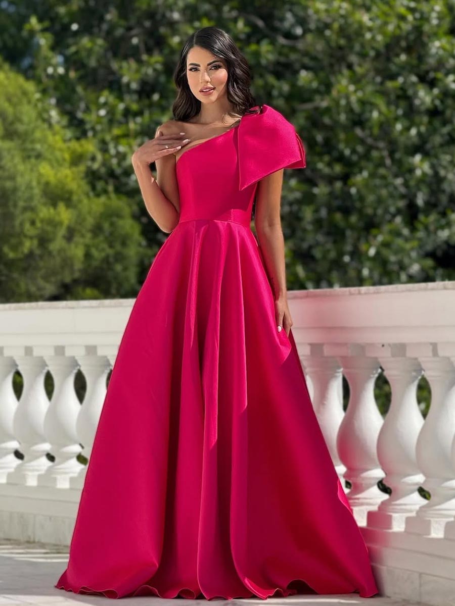 A-Line One Shoulder Bowknot Sleek Satin Party Evening Prom Dress with Train